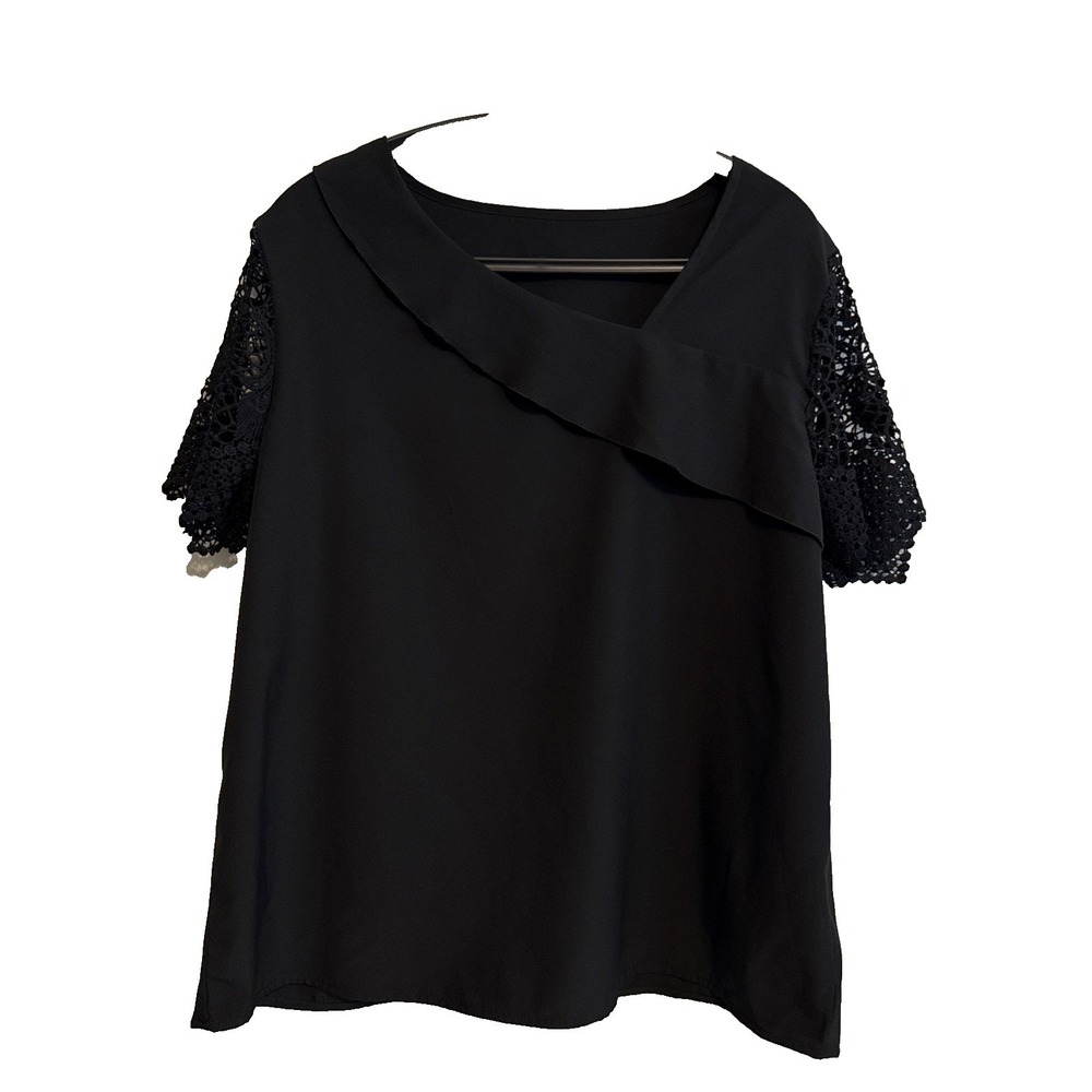Black Asymmetrical Ruffle Top Size XL Crochet Lace Short Sleeve Whimsical Chic